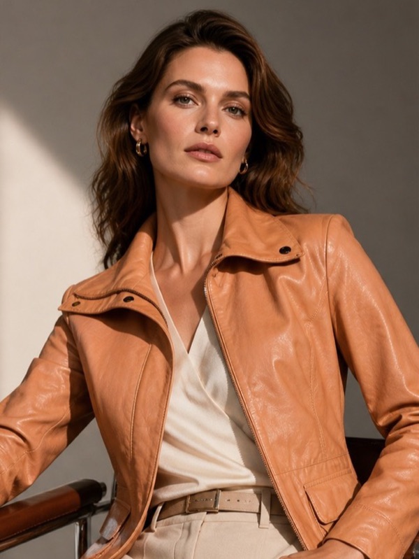 A tan leather jacket, seated portrait